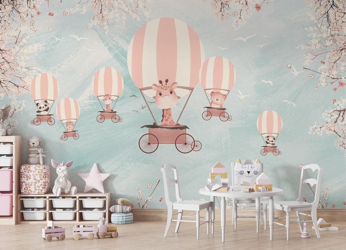 Hot Air Balloon Mural Wallpaper | Safari Animals Adventure with Cherry Blossoms