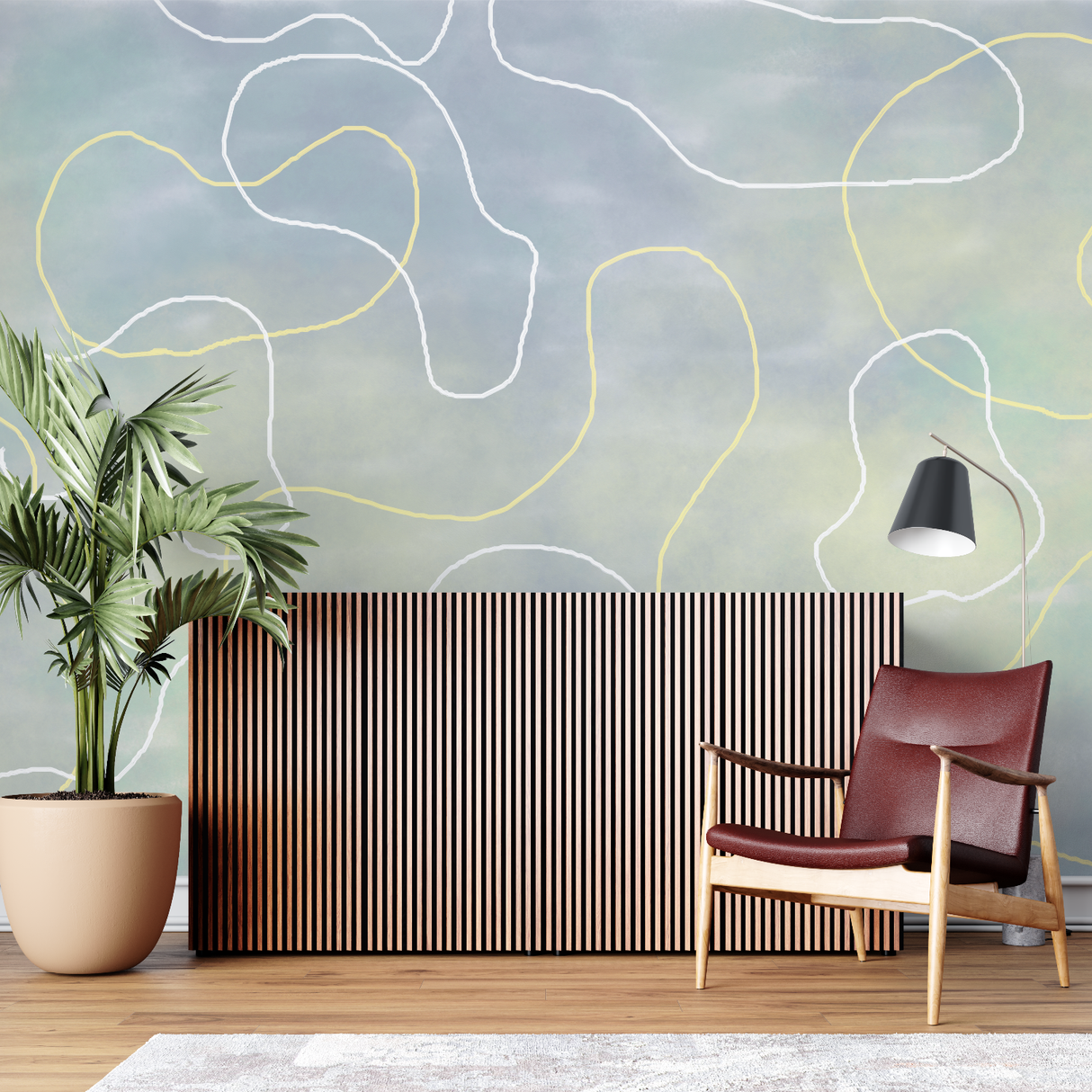 Abstract Mural Wallpaper | Gentle Curves in Grey and Yellow