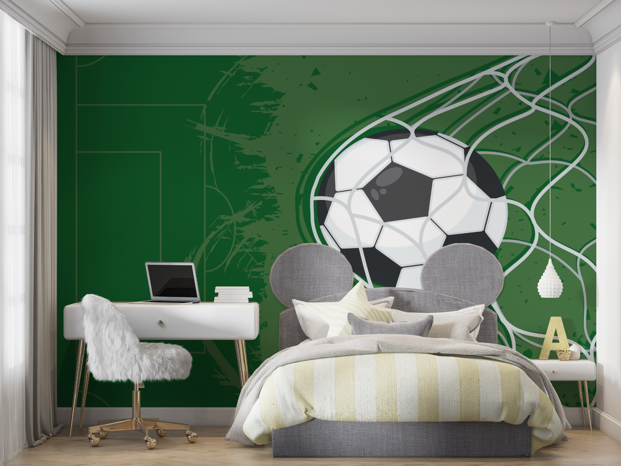 Football Mural Wallpaper | Soccer Ball in Net Design
