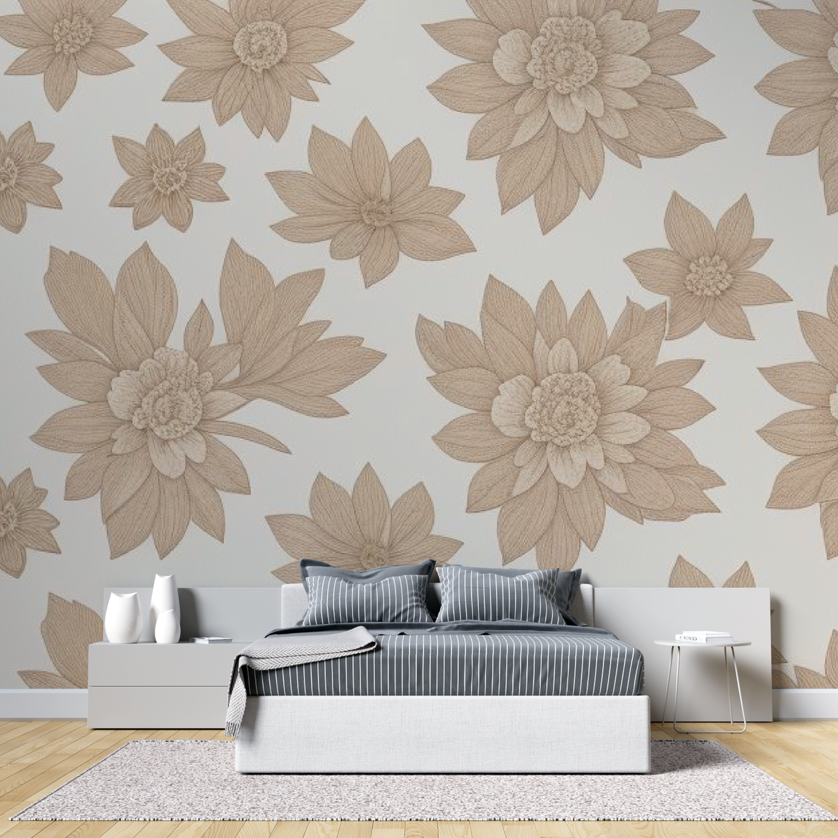 Floral Mural Wallpaper | Large Beige Blooms on White