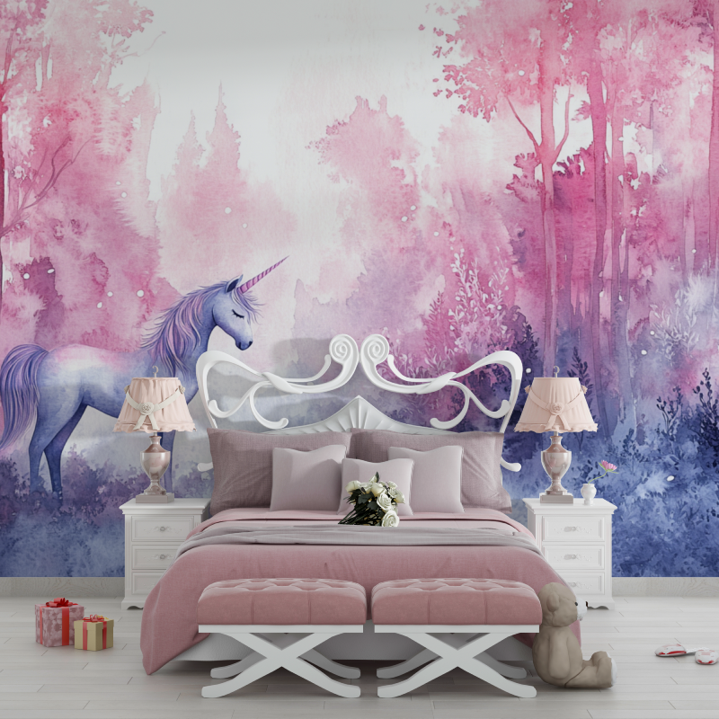 Unicorn Mural Wallpaper | Enchanted Forest in Pink and Purple