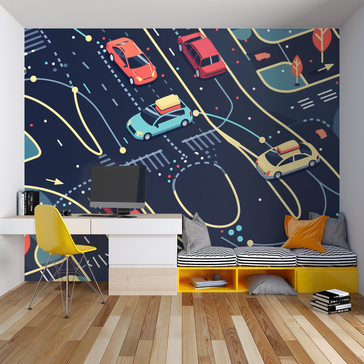 Car Racing Mural Wallpaper | Modern Night City Theme
