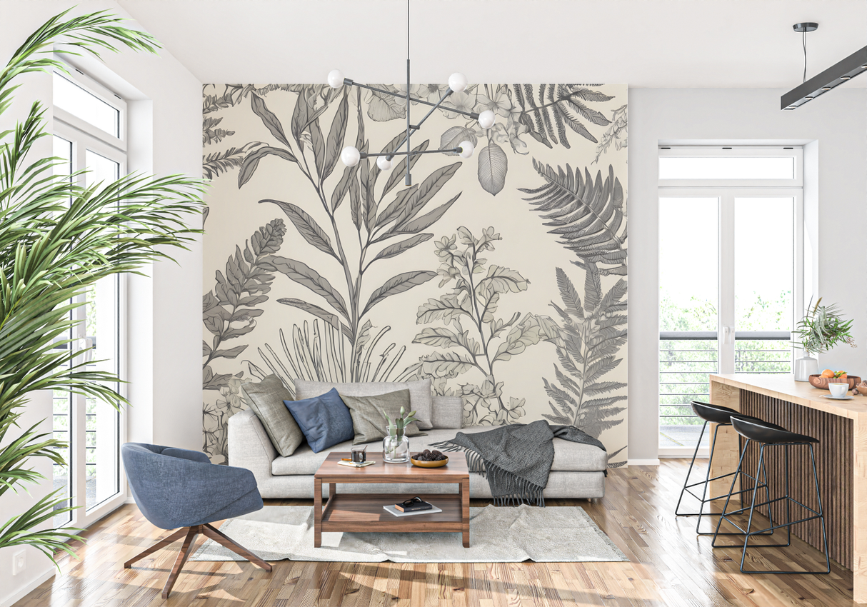 Tropical Foliage Mural Wallpaper | Monochrome Botanical Line Art