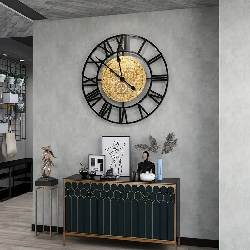Roman Numeral Wall Clock  Black Metal With Gold Center - Detailed view