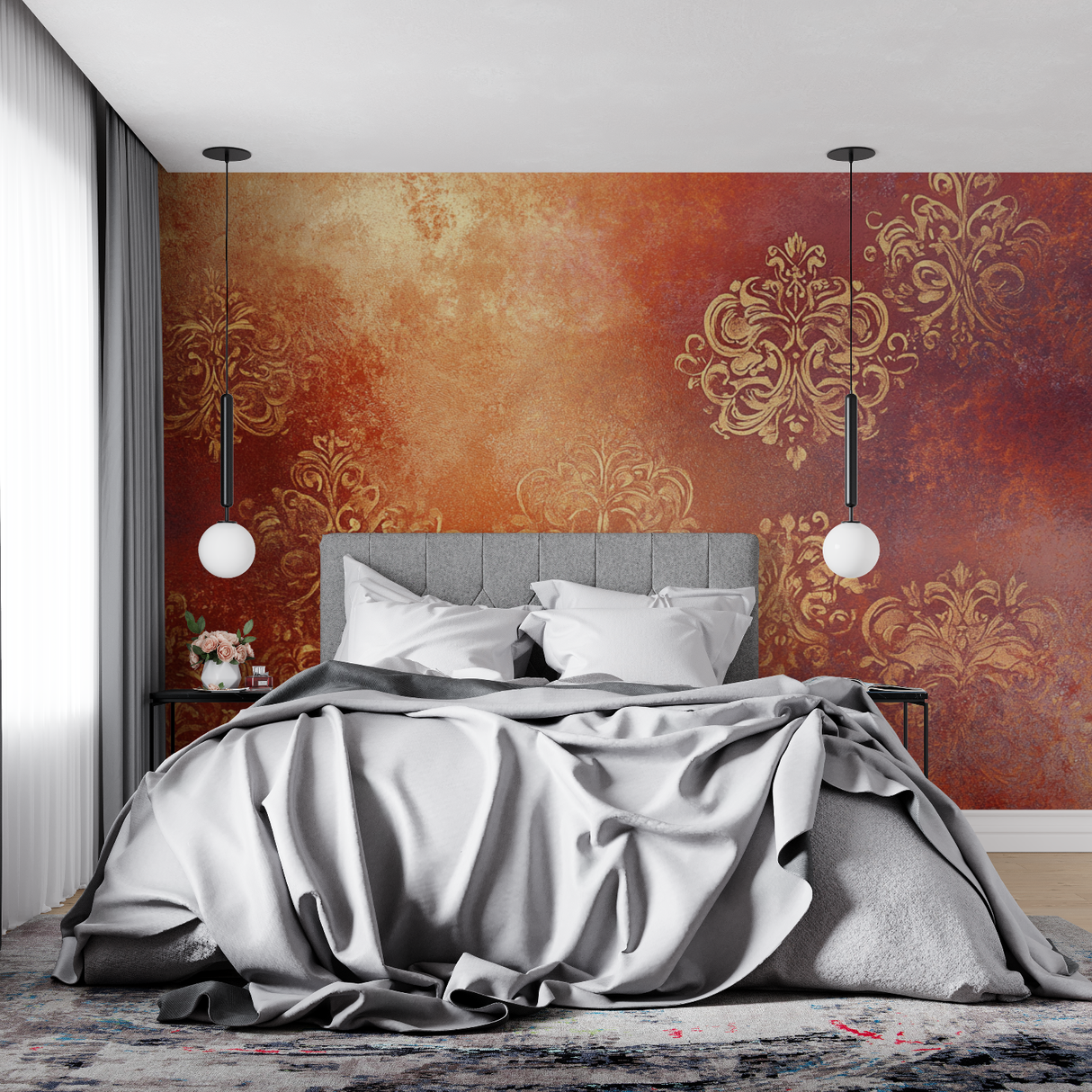 Baroque Mural Wallpaper | Terracotta and Gold Damask Pattern