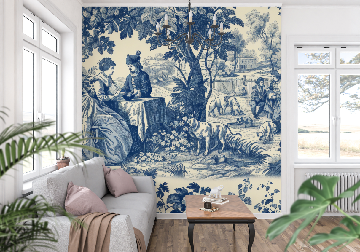Vintage Mural Wallpaper | Blue and Beige Toile de Jouy Scene