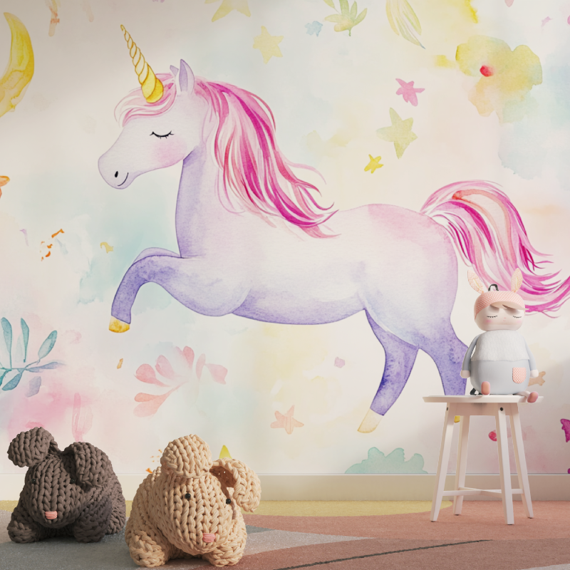 Unicorn Mural Wallpaper | Magical Watercolor with Stars and Moon