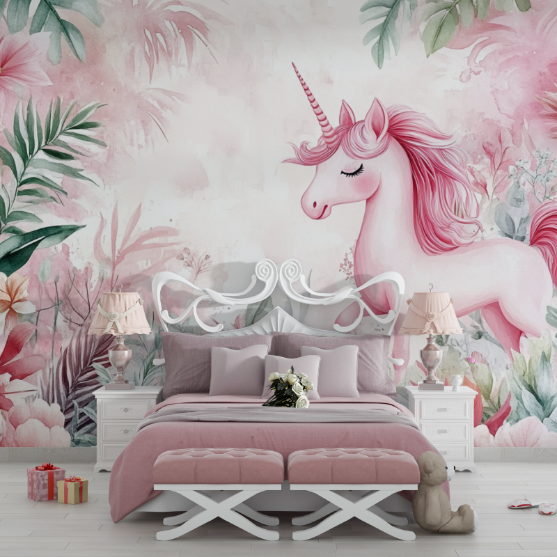 Unicorn Mural Wallpaper | Pink Fantasy with Tropical Leaves