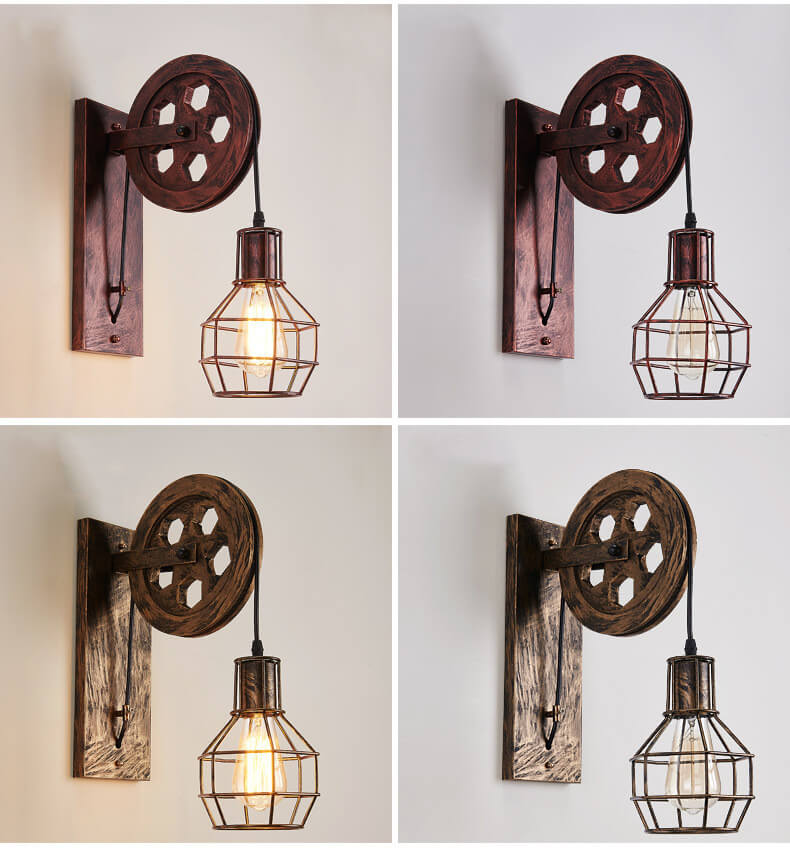 Industrial Wall Sconce  Vintage Pulley Cage Design - Product detail 4