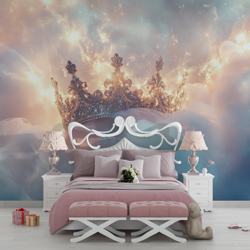 Princess Mural Wallpaper | Royal Crown in Dreamy Clouds