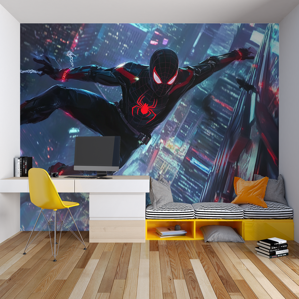 Superhero Mural Wallpaper | Cyberpunk City Night Scene