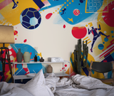 Football Mural Wallpaper | Dynamic Sports Design in Blue and Yellow