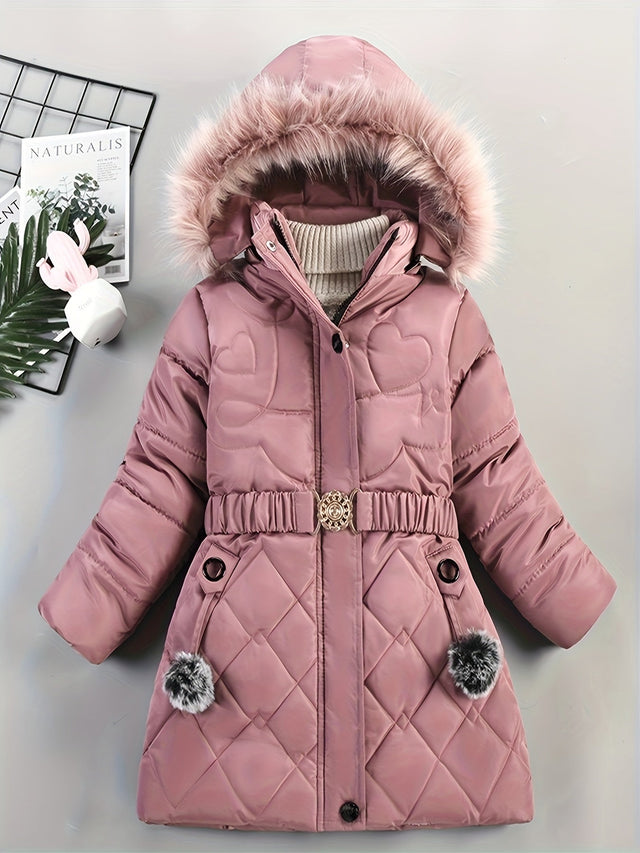Girls Winter Puffer Coat  Quilted Heart Design With Fur Hood - Product showcase