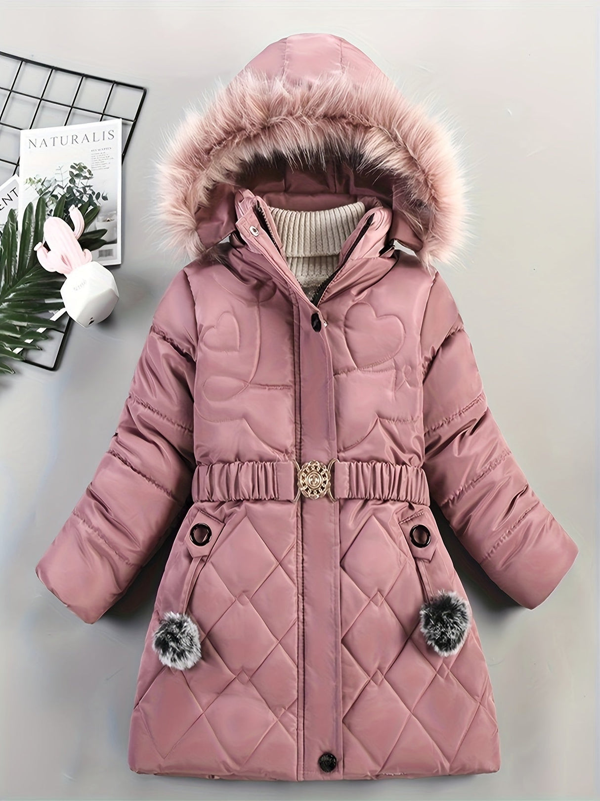 Girls Winter Puffer Coat  Quilted Heart Design With Fur Hood - Product detail 9