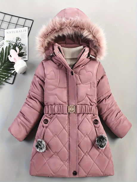 Girls Winter Puffer Coat  Quilted Heart Design With Fur Hood - Product detail 9