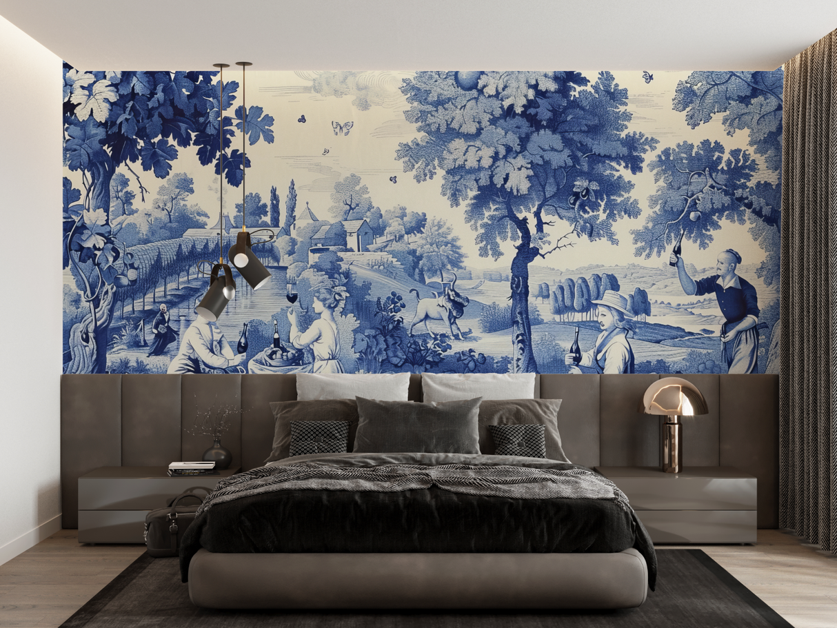 Vintage Mural Wallpaper | Blue Toile de Jouy Countryside Scene