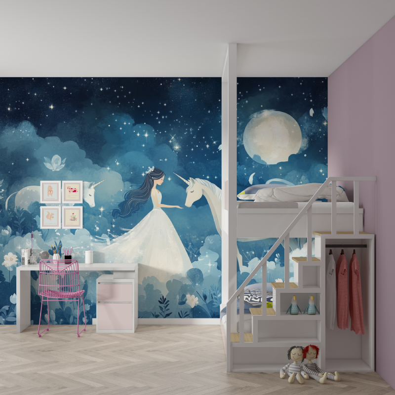 Unicorn Mural Wallpaper | Princess and Magical Night Sky