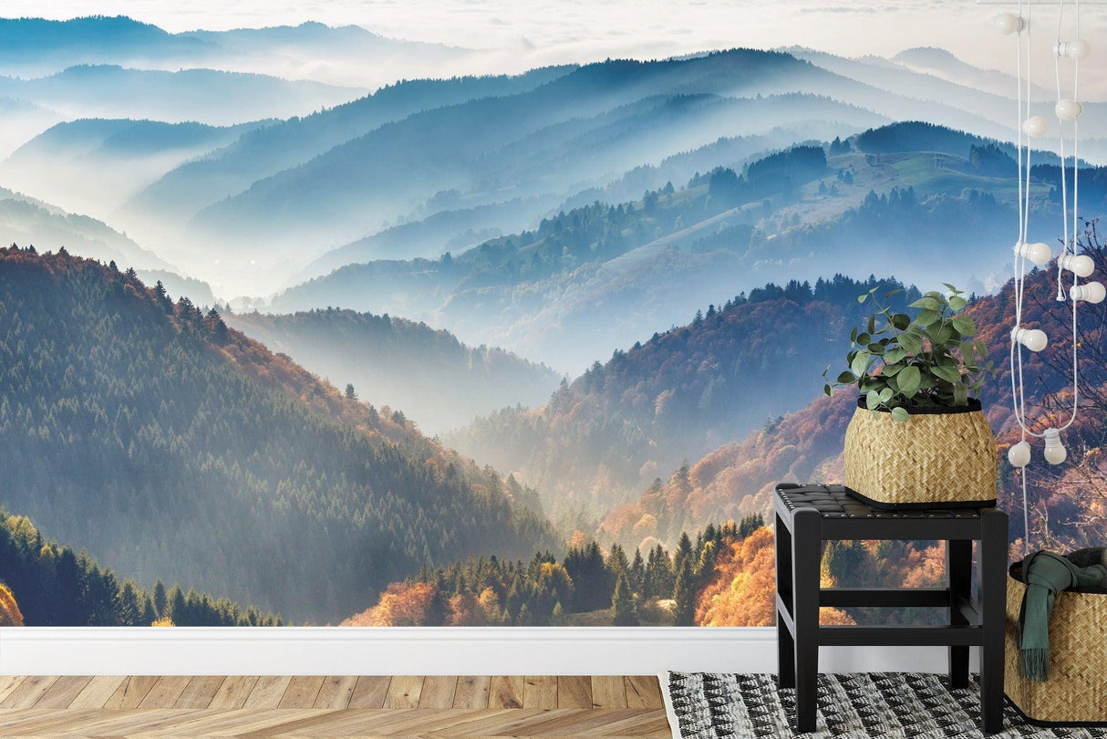 Mountain Mural Wallpaper | Misty Forest Autumn Landscape