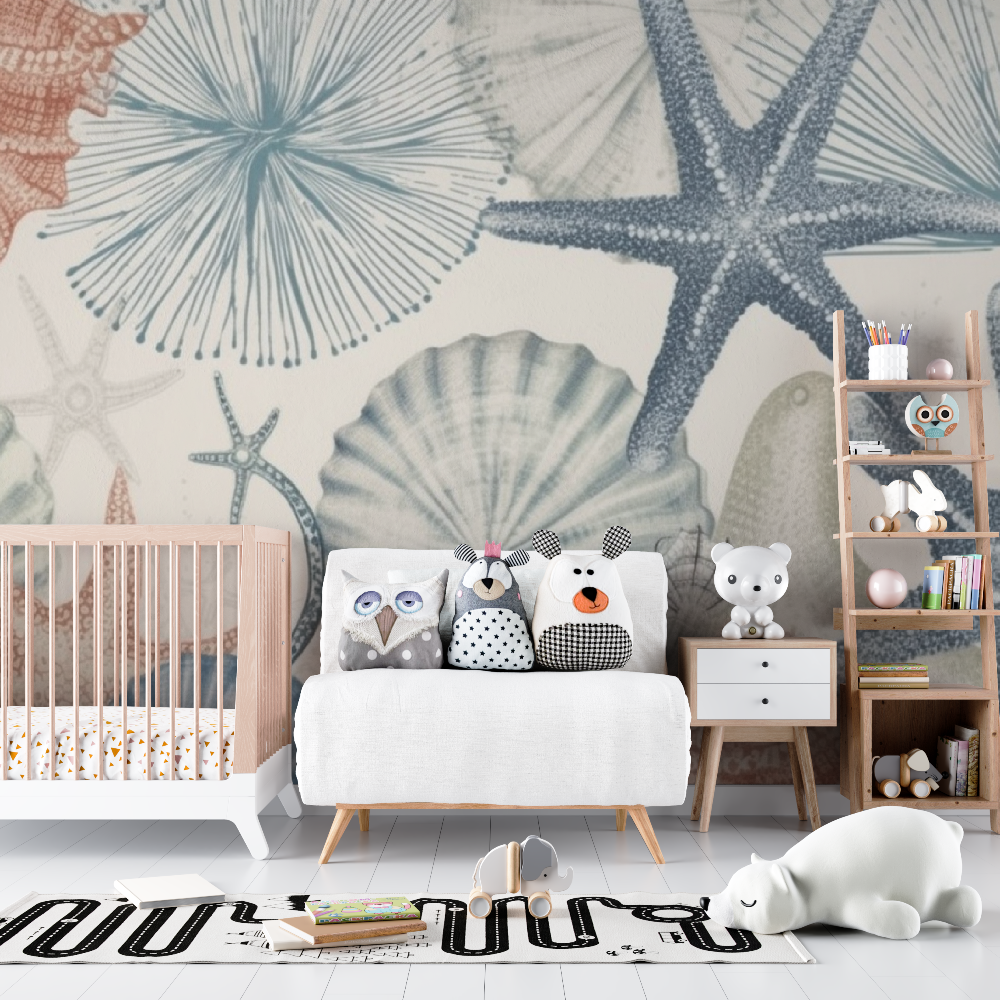 Marine Life Mural Wallpaper | Soft Coral and Blue Seashells