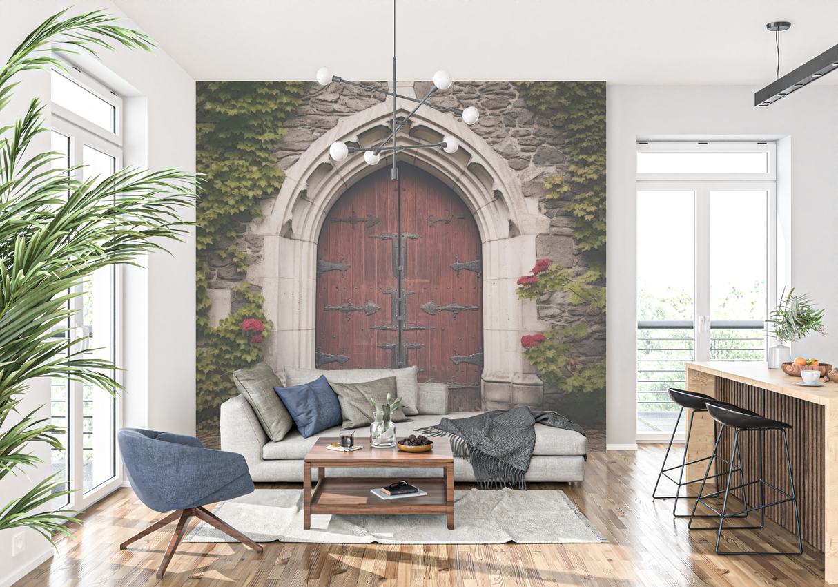 Gothic Door Mural Wallpaper | Ancient Stone Arch with Red Wood