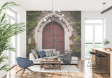 Gothic Door Mural Wallpaper | Ancient Stone Arch with Red Wood