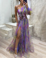 Watercolor Evening Gown  One Shoulder Multicolor Tulle Design - Product detail 5