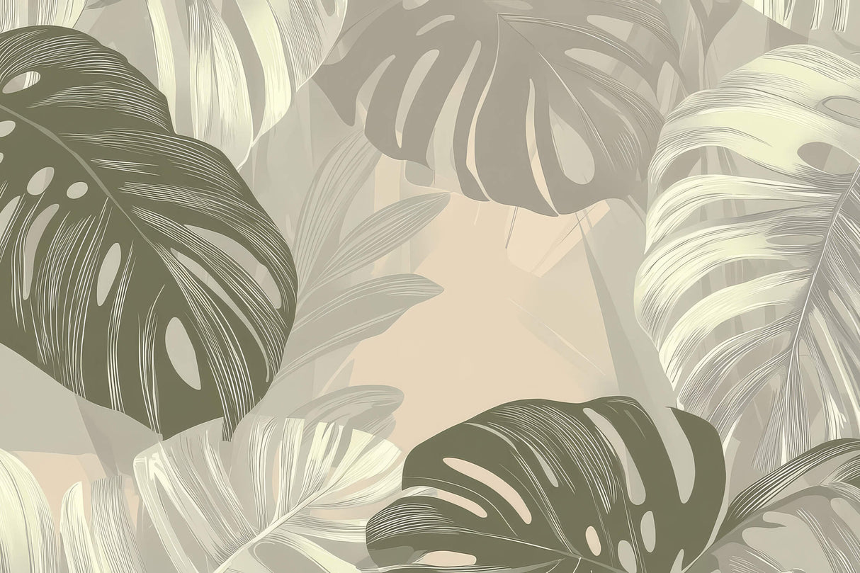 Monstera Mural Wallpaper | Elegant Green and Beige Design