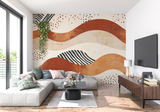 Abstract Mural Wallpaper | Terracotta Waves with Geometric Pattern