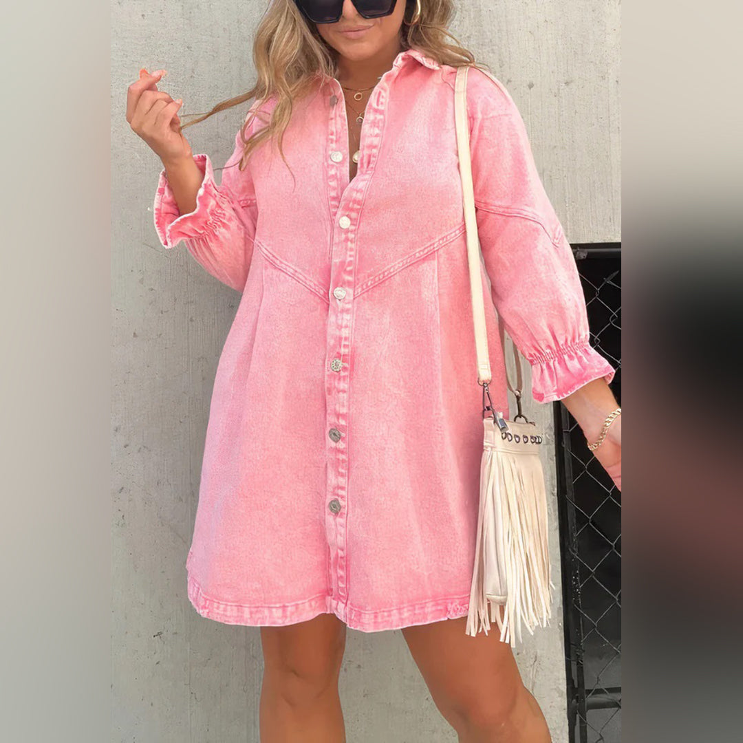 Denim Mini Dress  Ruffle Sleeve Button-Down Design - Product detail 8