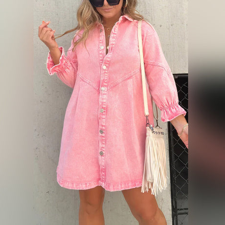 Denim Mini Dress  Ruffle Sleeve Button-Down Design - Product detail 8