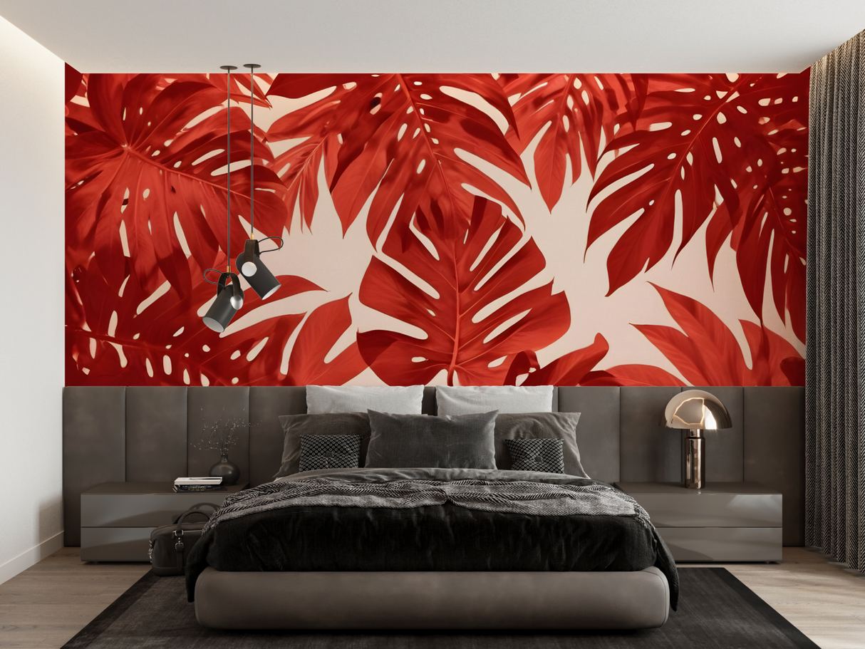 Monstera Mural Wallpaper | Terracotta Tropical Leaves