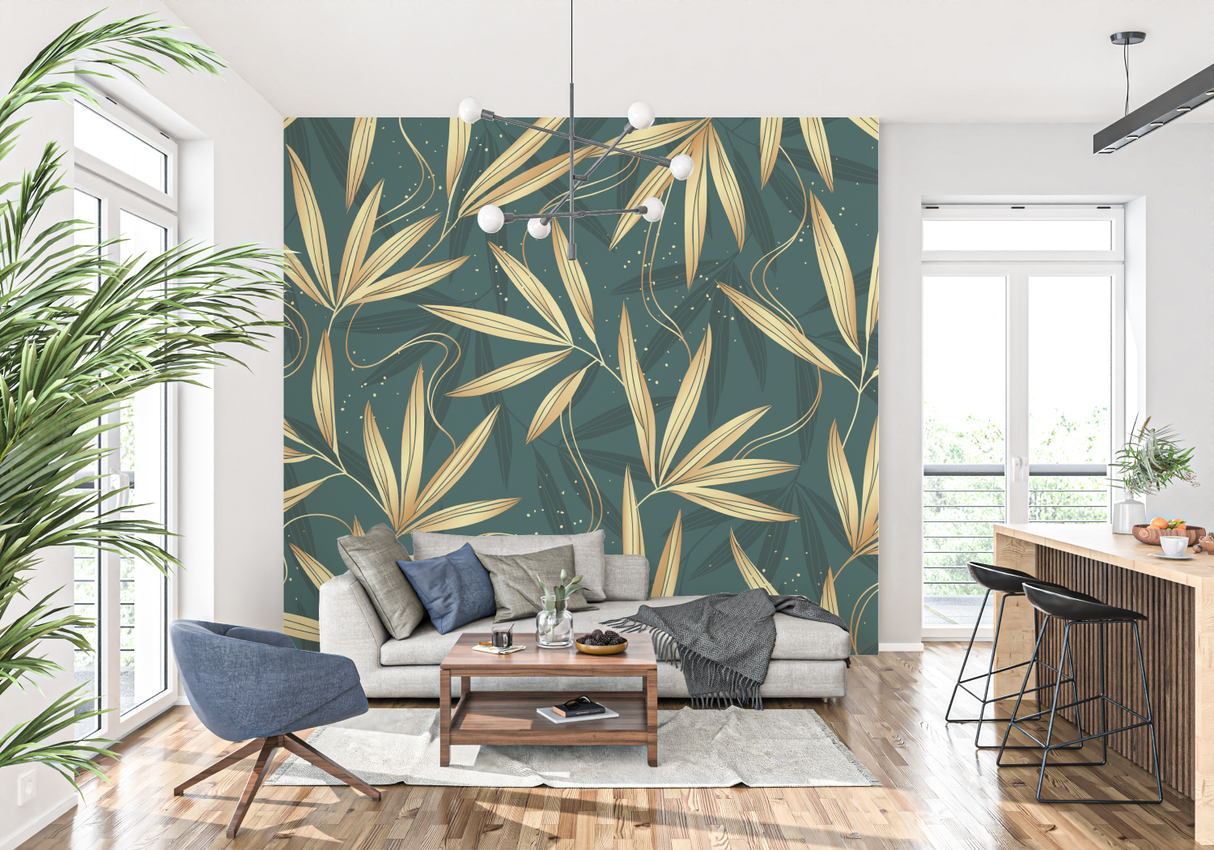 Bamboo Mural Wallpaper | Elegant Gold Leaves on Green