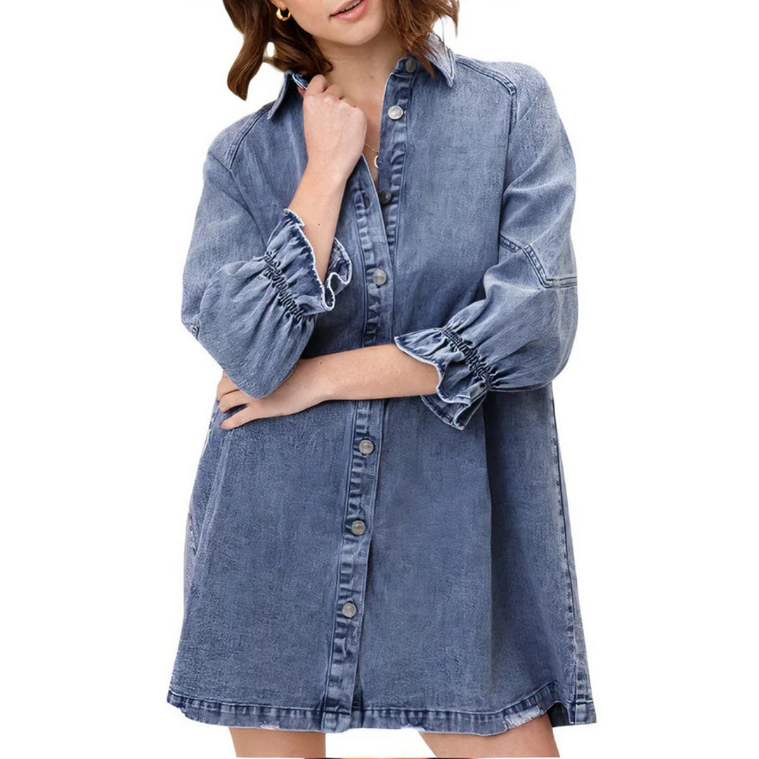 Denim Mini Dress  Ruffle Sleeve Button-Down Design - Detailed view