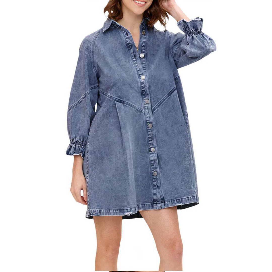 Denim Mini Dress  Ruffle Sleeve Button-Down Design - Product example