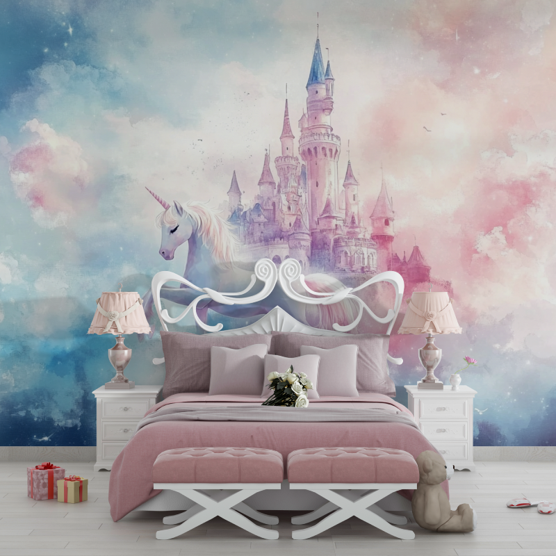 Unicorn Mural Wallpaper | Magical Castle in Pink and Blue Clouds