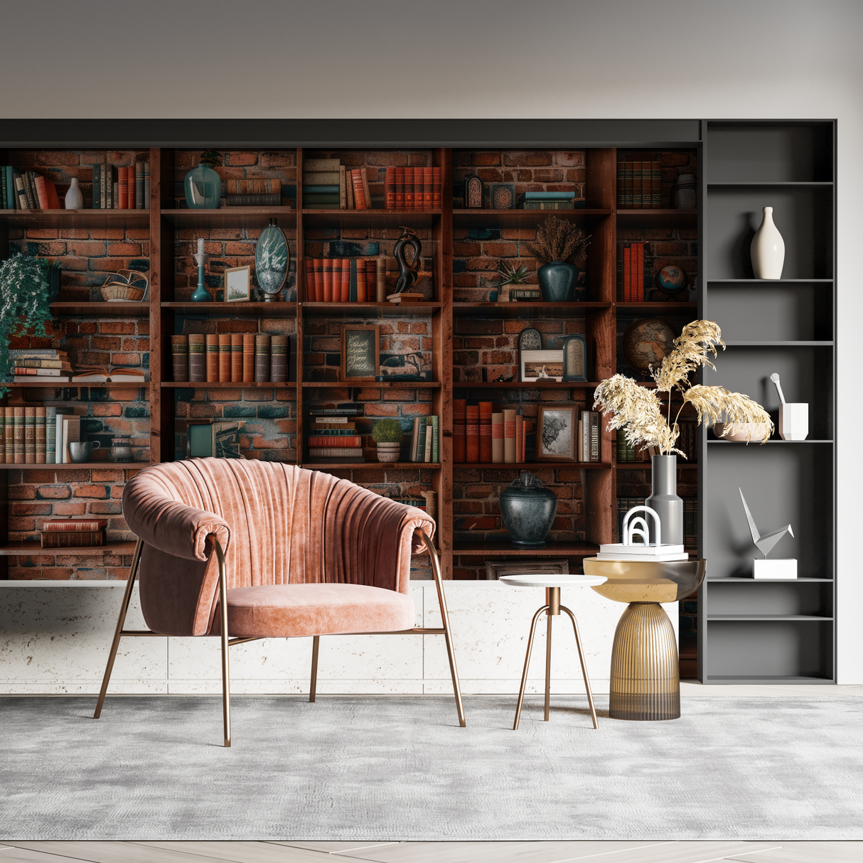 Library Mural Wallpaper | Vintage Bookshelf With Brick Wall