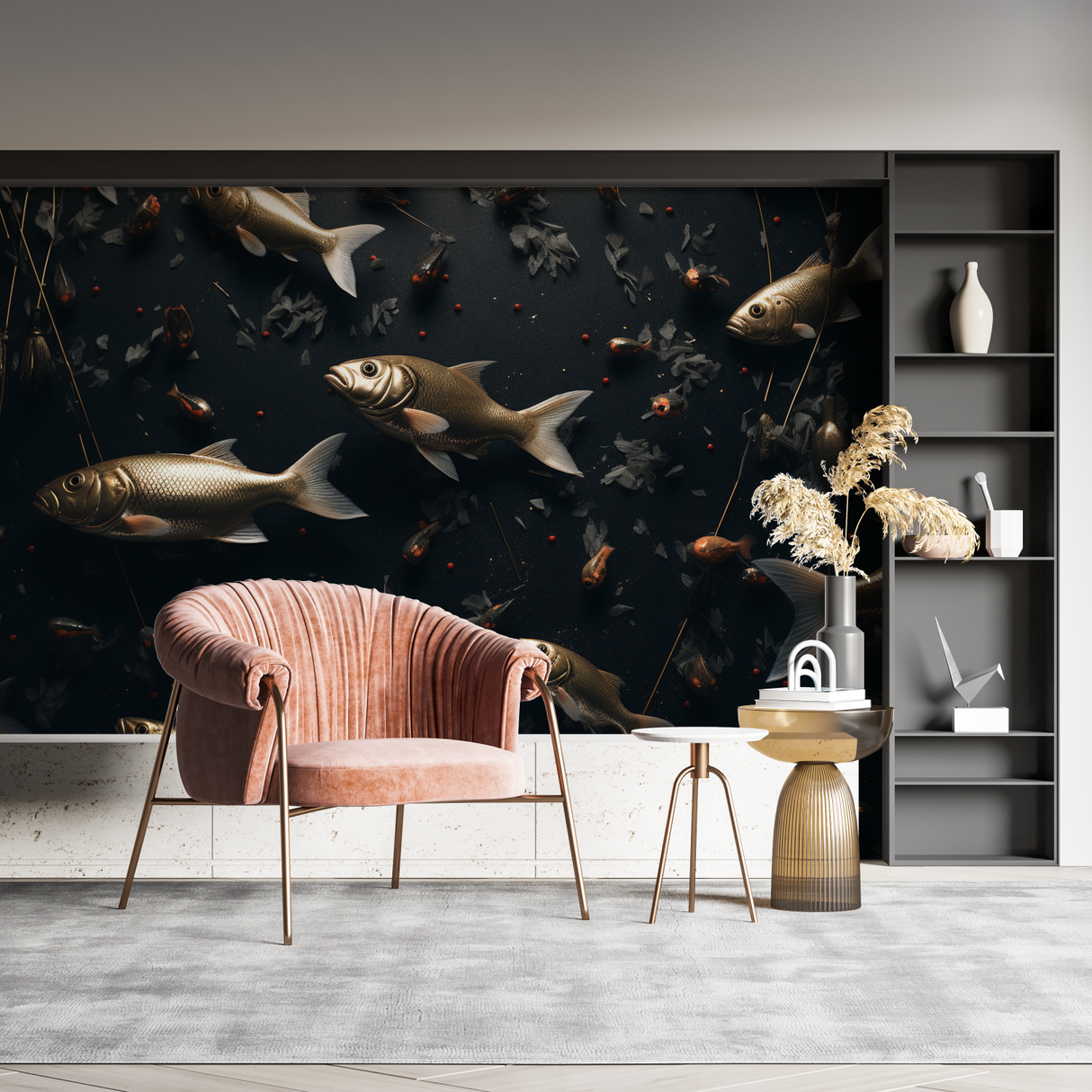 Marine Animals Mural Wallpaper | Golden Fish on Dark Background