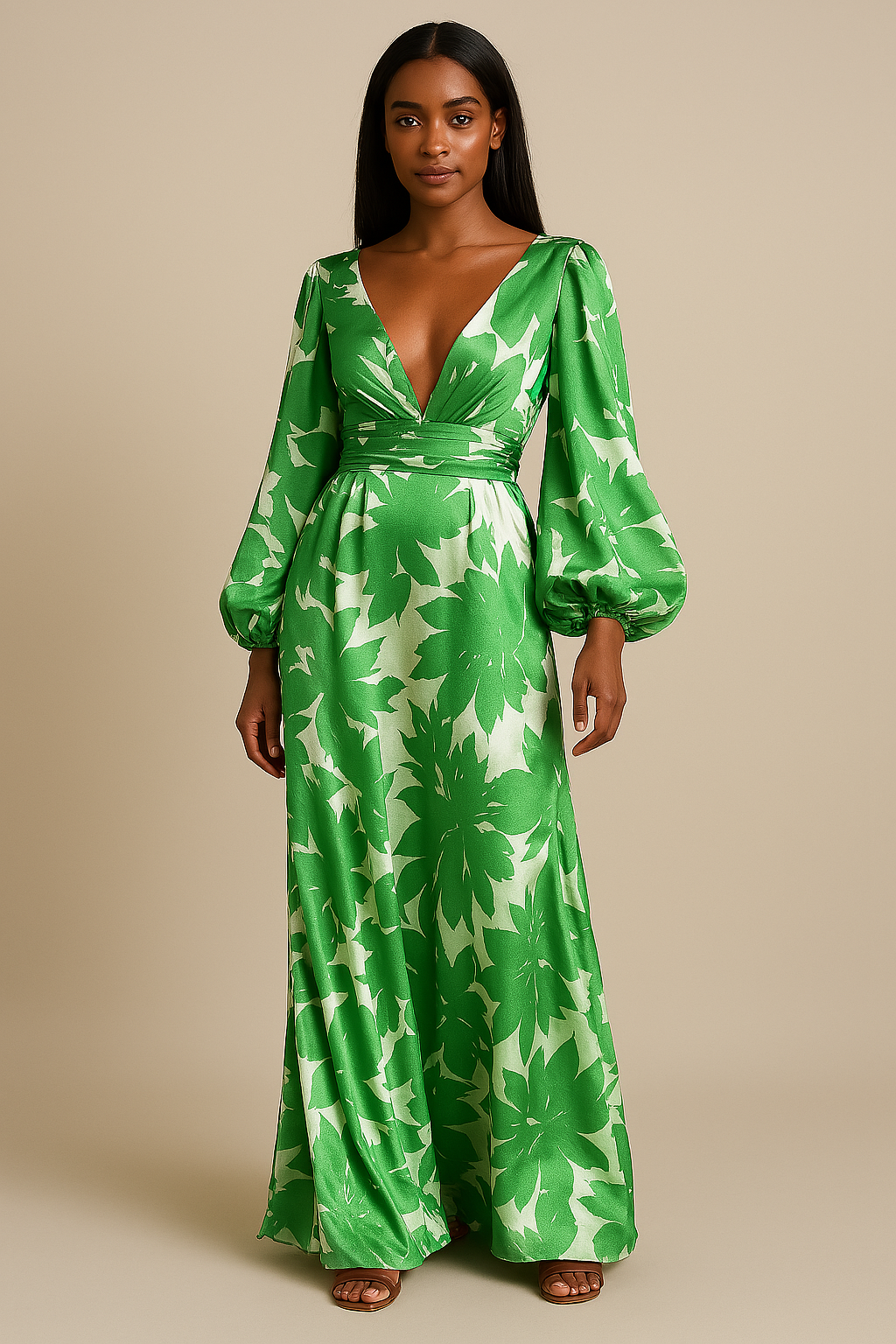 Floral Maxi Dress  Green Botanical V-Neck Design with Balloon Sleeves - Product showcase