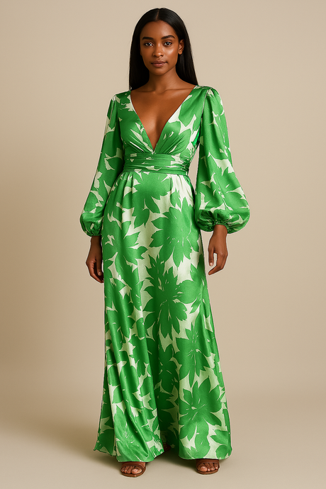 Floral Maxi Dress  Green Botanical V-Neck Design with Balloon Sleeves - Product showcase