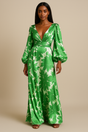 Floral Maxi Dress  Green Botanical V-Neck Design with Balloon Sleeves - Product showcase