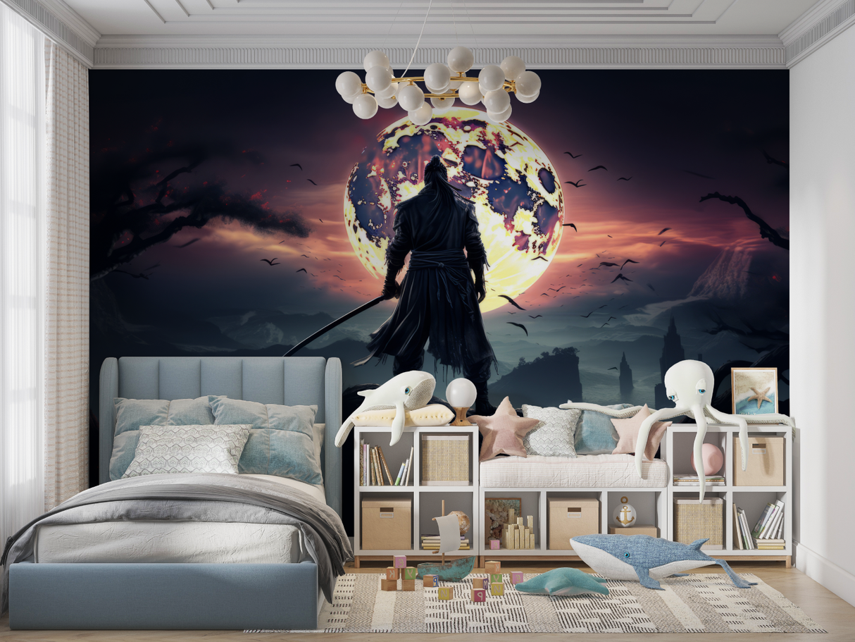Japanese Mural Wallpaper | Warrior Silhouette with Moon