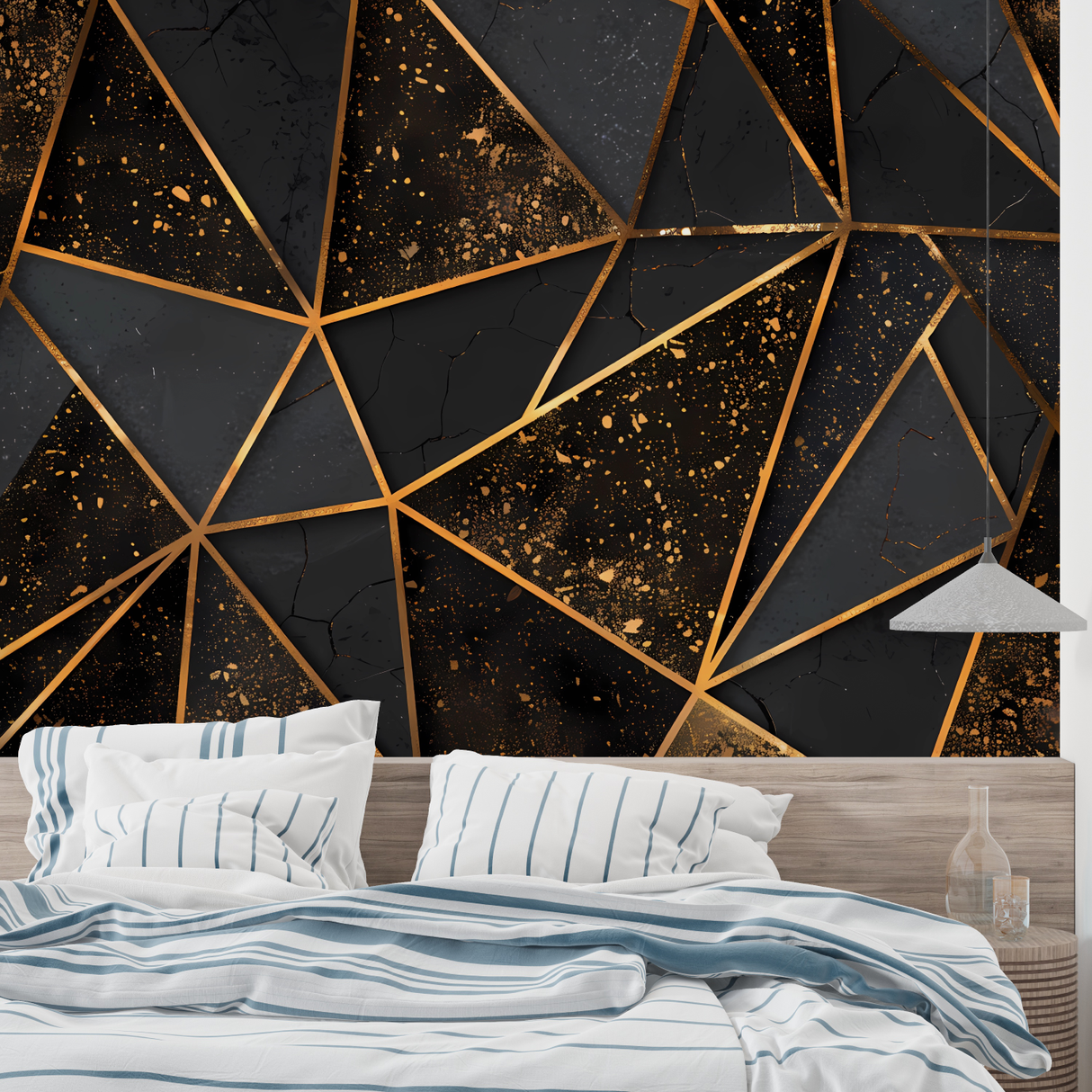 Geometric Mural Wallpaper | 3D Black and Gold Cubes Design