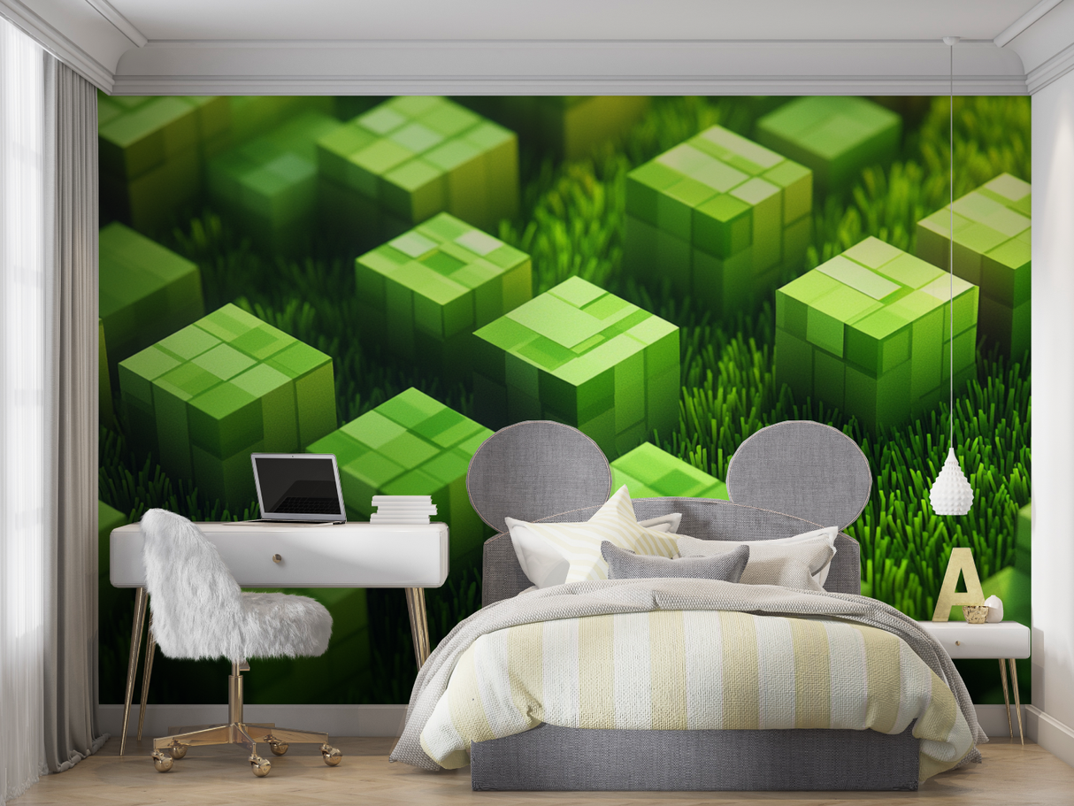 Gaming Mural Wallpaper | Minecraft Green Blocks Design