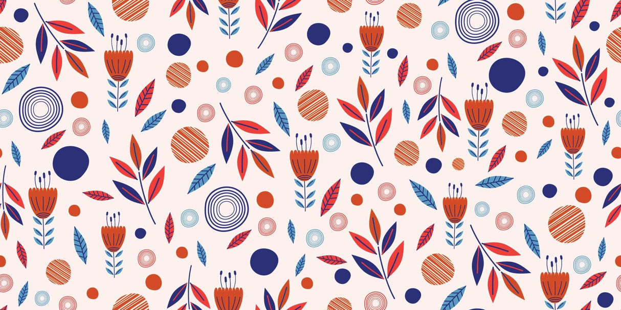 Floral Mural Wallpaper | Modern Scandinavian Pattern with Navy and Orange