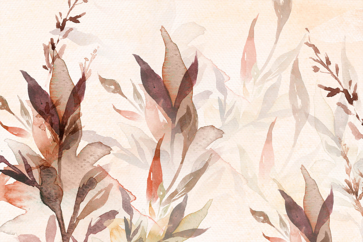 Watercolor Mural Wallpaper | Autumn Leaves in Terracotta and Beige