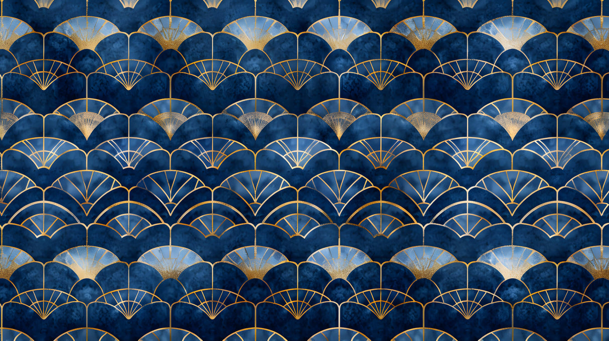 Art Deco Mural Wallpaper | Blue and Gold Fan Pattern