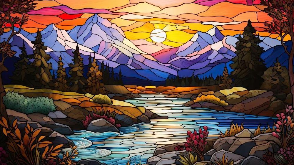 Mountain Mural Wallpaper | Stained Glass Sunset Landscape