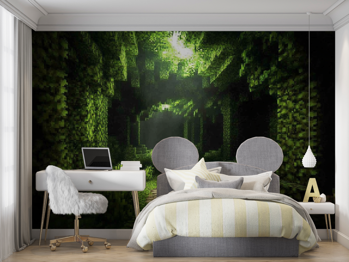 Forest Mural Wallpaper | Pixelated Green Valley Design