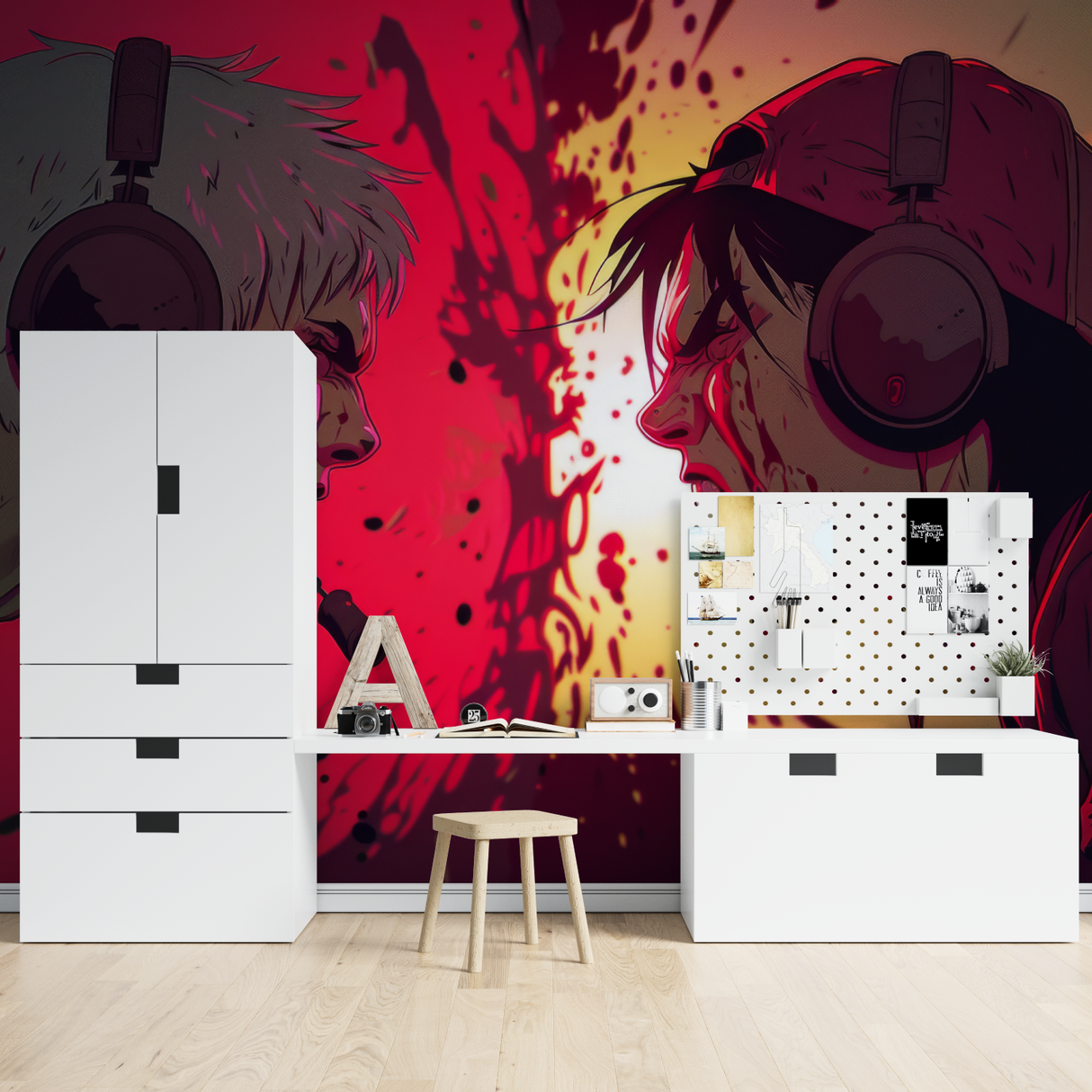 Anime Mural Wallpaper | Dynamic Gaming Theme in Red and Black