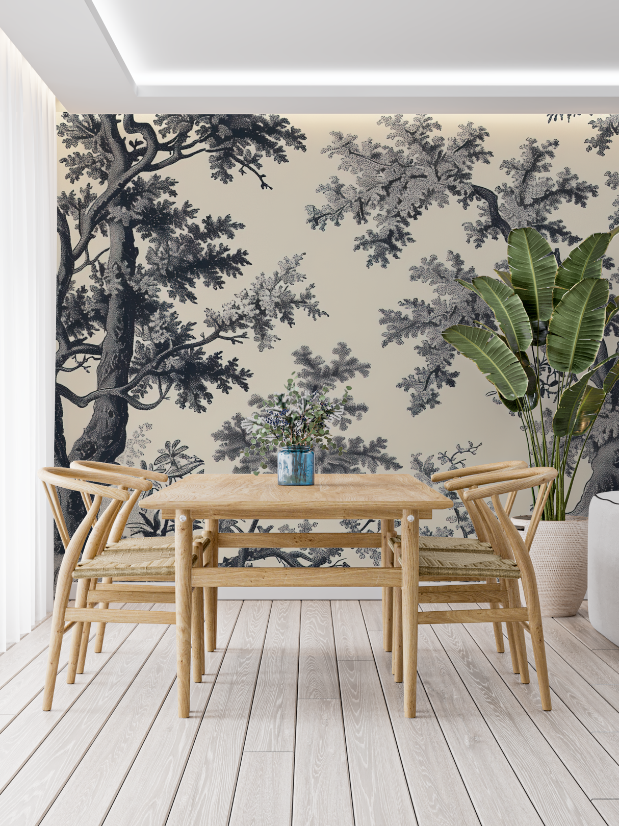 Forest Mural Wallpaper | Black and Beige Toile de Jouy Pattern